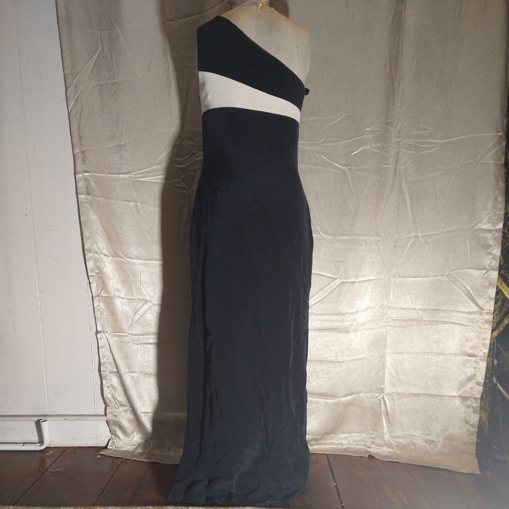 Vintage 90s Lauren Ralph Lauren 100% Silk Asymetrical One Strap Navy White Dress